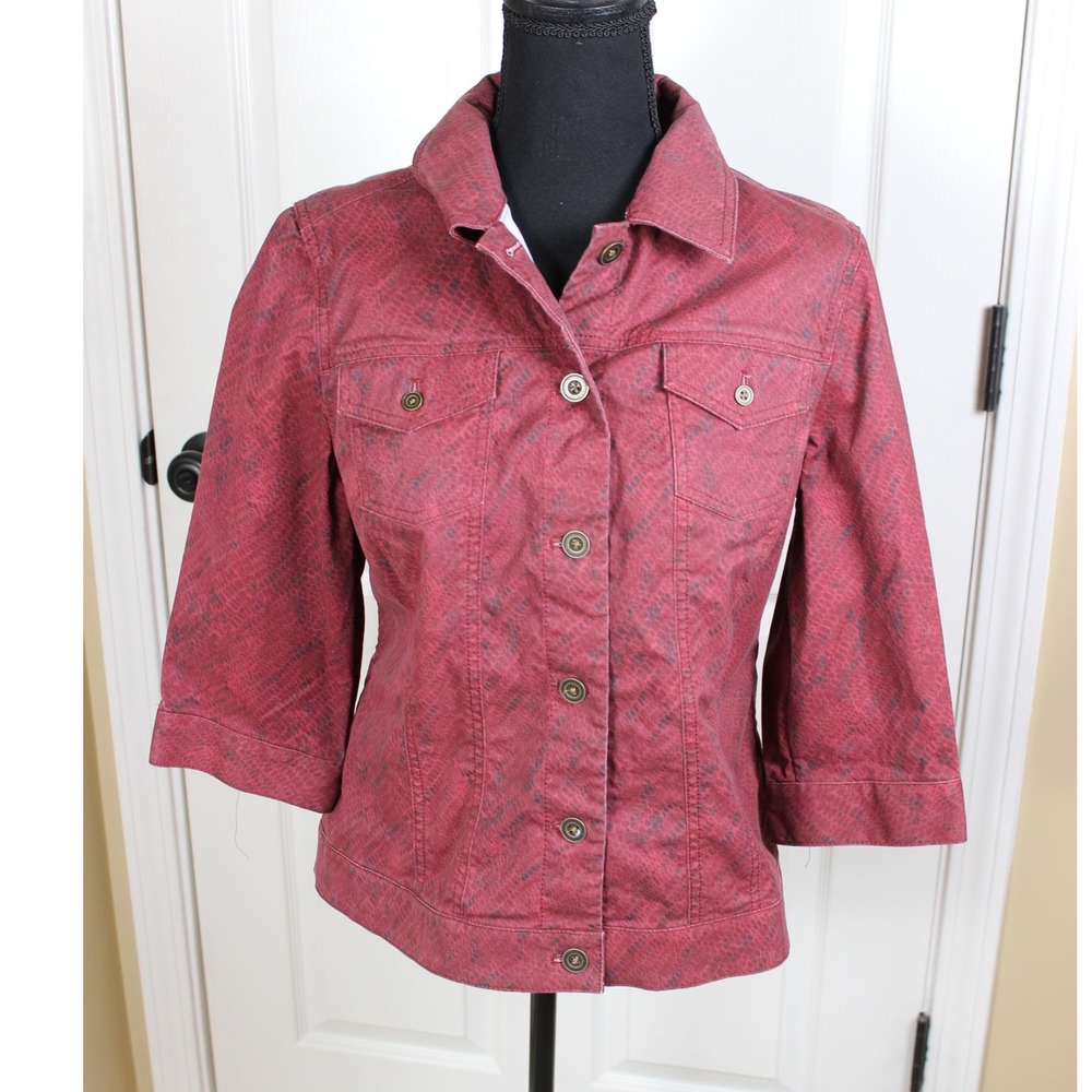 Chico's Womens size 1 Six Button Blazer Red 3/4‎ Sleeve Reptile Print